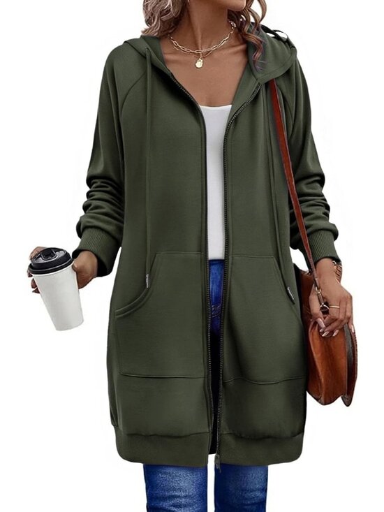 Tops - Women's Army Green Long Zip Up Fleece Hoodie Tunic Sweatshirt Pocket Jacket